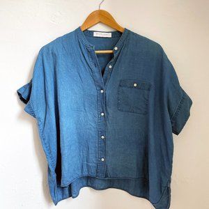 Everlane - The Linen Collarless short sleeve square shirt (chambray blue )